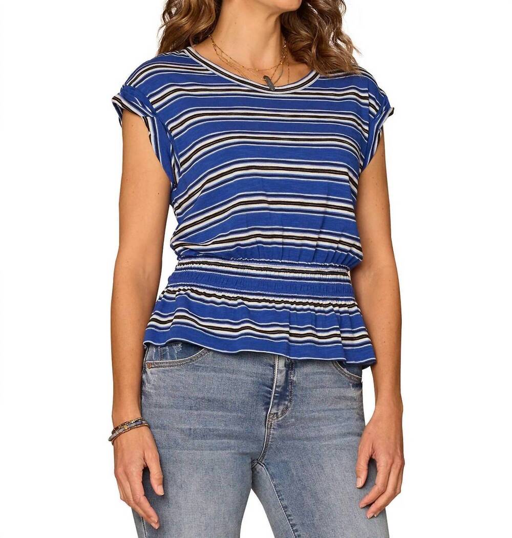 NEW DEMOCRACY roll cuff cap sleeve top in blue multi